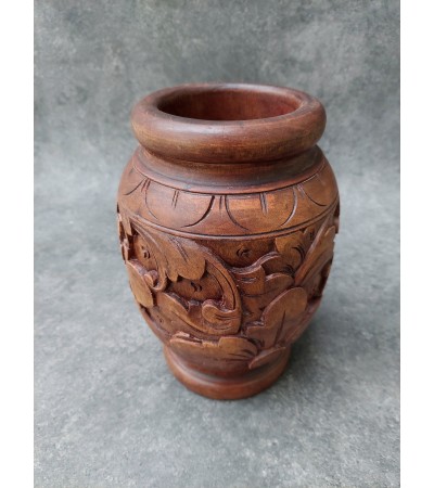 Balinese mahogany wood vase carved with flowers