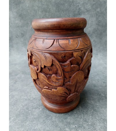 Balinese mahogany wood vase carved with flowers