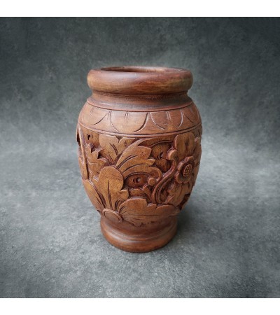 Balinese mahogany wood vase carved with flowers