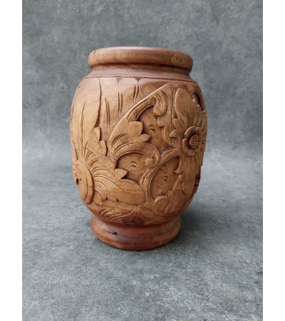 Balinese mahogany wood vase carved with flowers