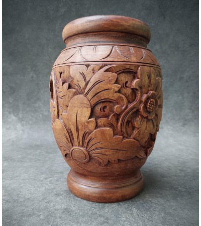 Balinese mahogany wood vase carved with flowers