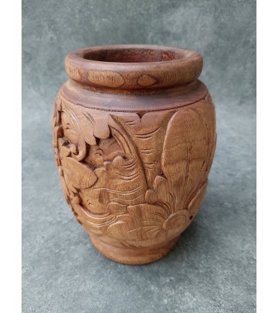 Balinese mahogany wood vase carved with flowers