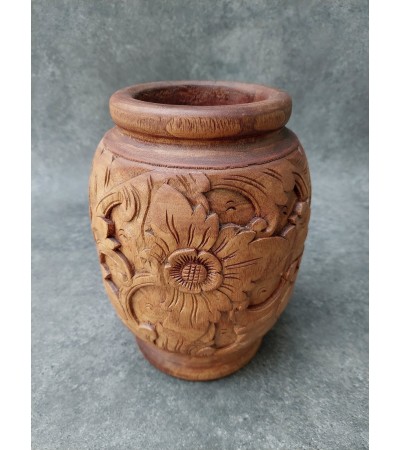 Balinese mahogany wood vase carved with flowers