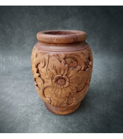 Balinese mahogany wood vase carved with flowers