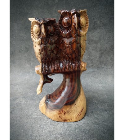 Suar wood carving - Two huddled owls on a branch