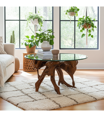 Teak root coffee table with 90 cm glass top