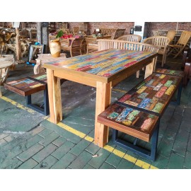 Table set with benches,  reclaimed wood