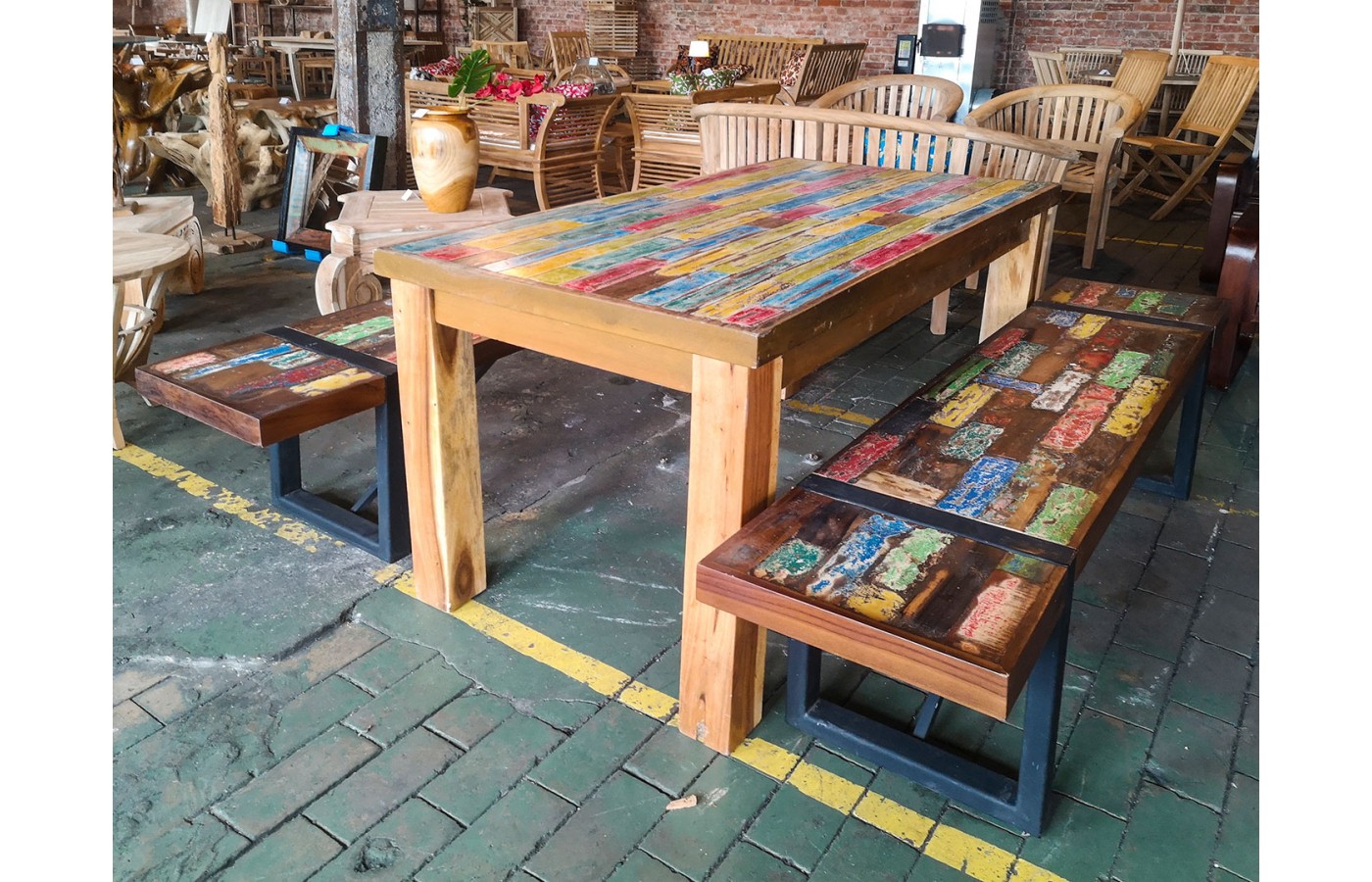 Table set with benches,  reclaimed wood