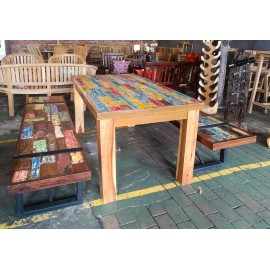 Table set with benches,  reclaimed wood