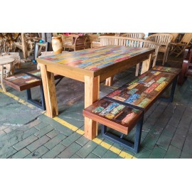 Table set with benches,  reclaimed wood