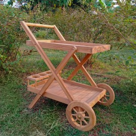 A two-level garden teak bar