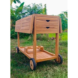 A two-level garden teak bar