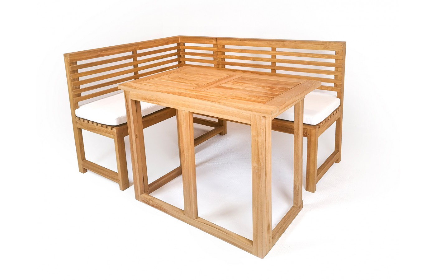 A balcony corner with cushions and a folding teak table. LEFT