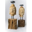 Candlestick - hand carved in teak wood, Buddha head S.