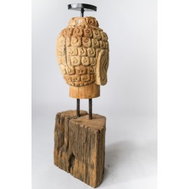 Candlestick - hand carved in teak wood, Buddha head S.