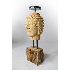 Candlestick - hand carved in teak wood, Buddha head S.