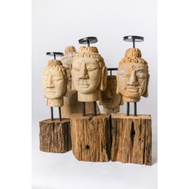 Candlestick - hand carved in teak wood, Buddha head S.