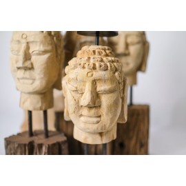 Candlestick - hand carved in teak wood, Buddha head S.