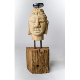 Candlestick - hand carved in teak wood, Buddha head L.