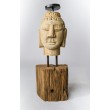 Candlestick - hand carved in teak wood, Buddha head L.