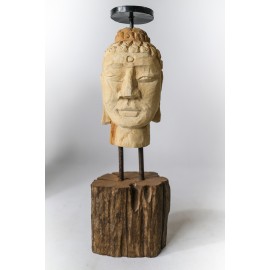 Candlestick - hand carved in teak wood, Buddha head L.