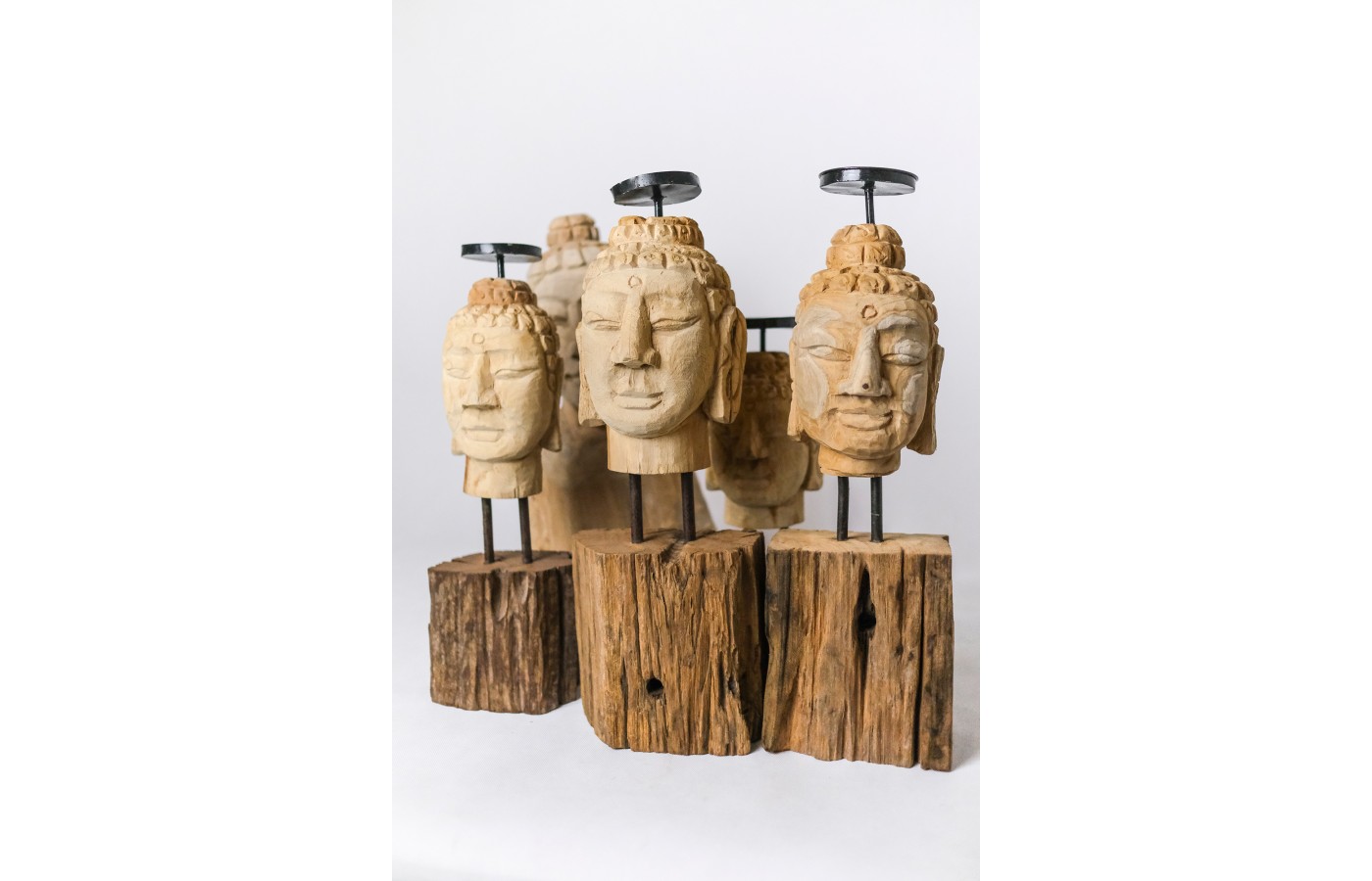 Candlestick - hand carved in teak wood, Buddha head L.