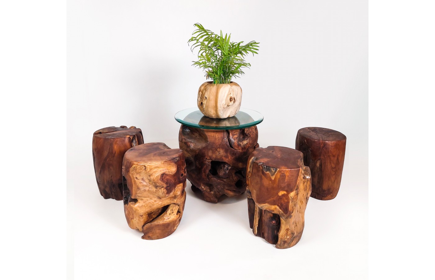 Furniture set made from massive teak trunk