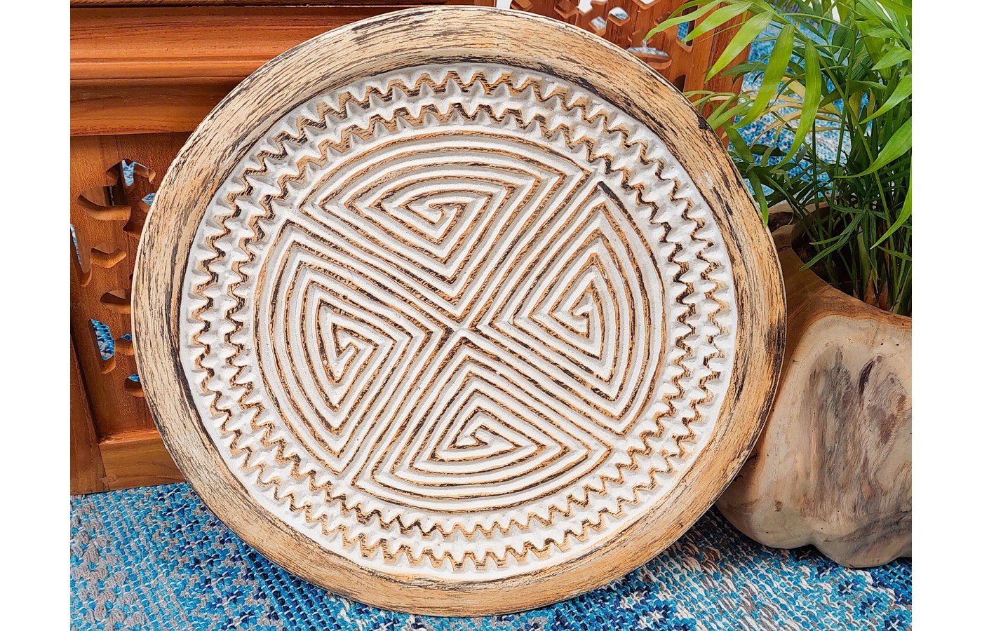 Tribal, carved decorative plate, teak wood  teak wood 40 cm