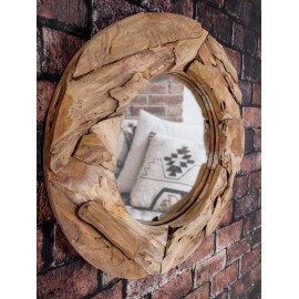 A mirror in a teak wood frame