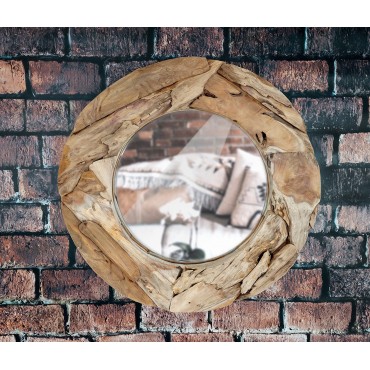 A mirror in a teak wood frame