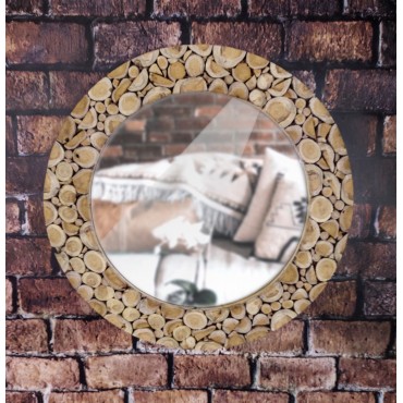 A mirror in a teak wood frame