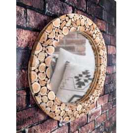 A mirror in a teak wood frame