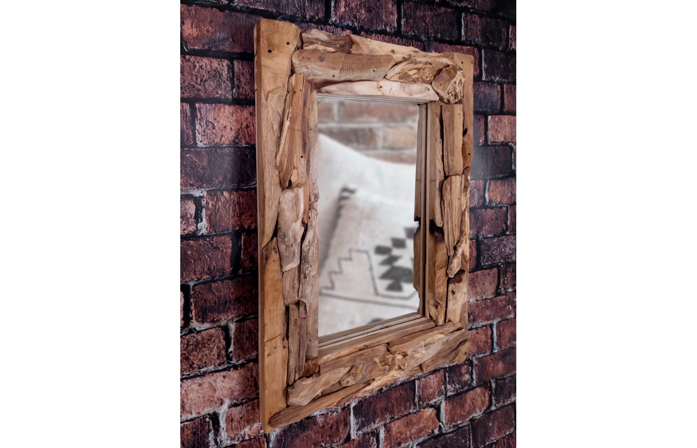 Rectangular mirror in a teak wood frame