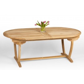 A large teak wood garden table with folding