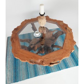 Teak root coffe table with a glass top