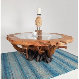 Teak root coffe table with a glass top