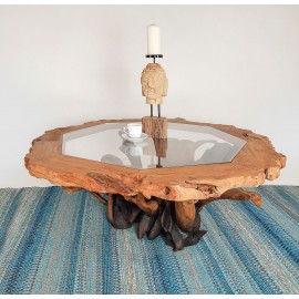 Teak root coffe table with a glass top