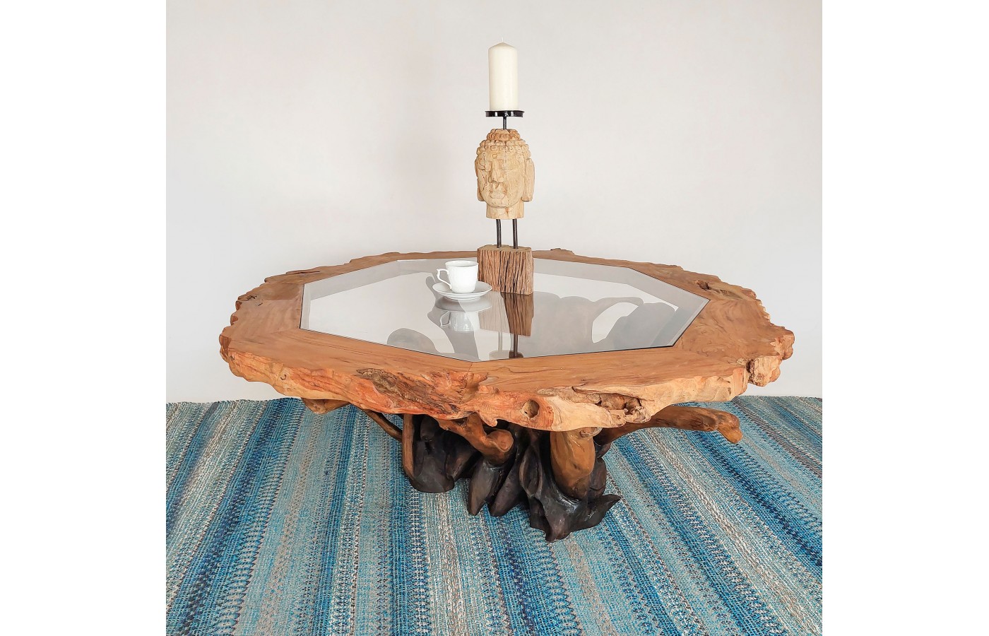 Teak root coffe table with a glass top