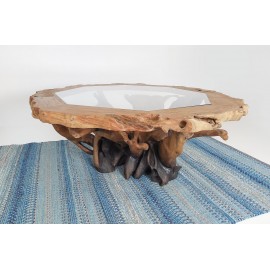 Teak root coffe table with a glass top