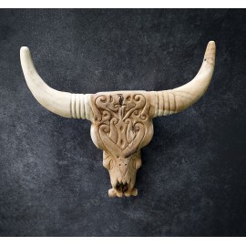 Sculpture, bull skull made of Teak wood