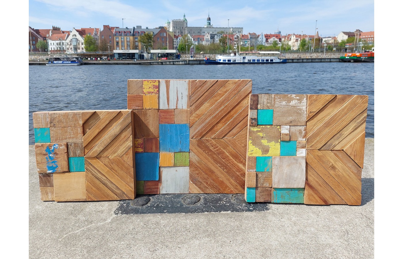 Triptych of wall panels - reclaimed teak wood