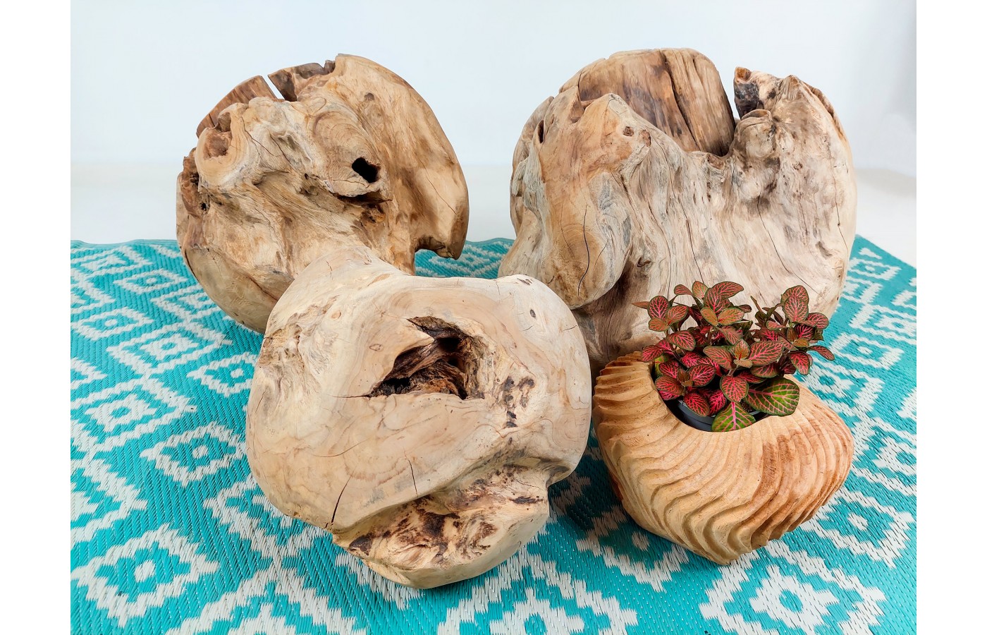 Set of carved solid teak balls